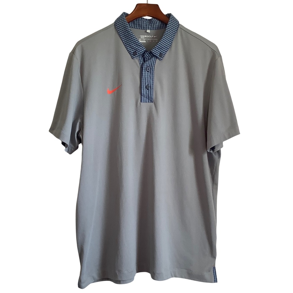 Nike Golf Sport Dri-FIT Polo Shirt Mens XXL Gray Striped Collar Orange Swoosh
